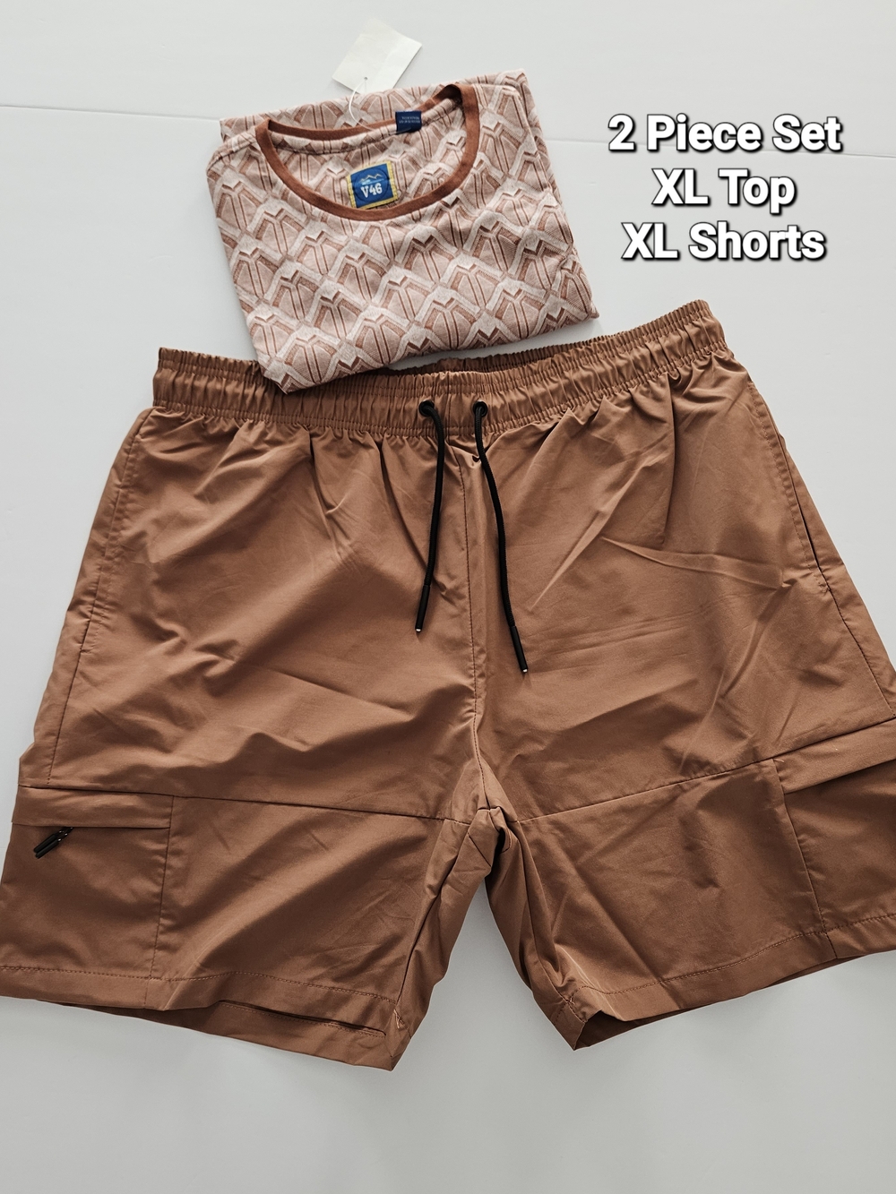 Men's 2-Piece Set: Brown Drawstring Shorts & Patterned Top - Brand: